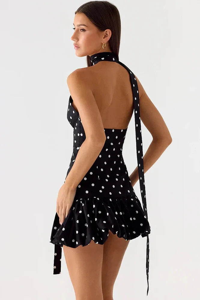 Polka Dot Backless Off-Shoulder Sleeveless Mini Dress