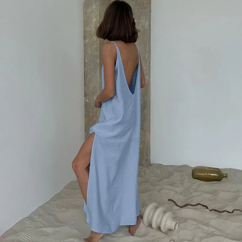 Spaghetti Strap O Neck Sleeveless Slit Maxi Dress