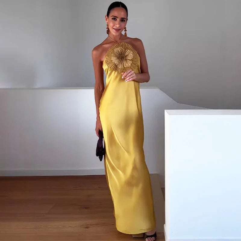V Neck Diamond Flower Backless Maxi Dress