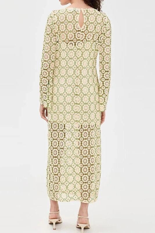 O-Neck Loose A-Line See-Through Printed Maxi Dress
