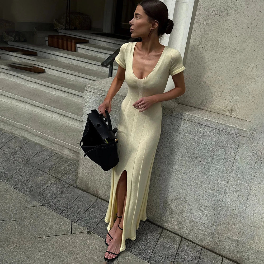 Elegant V-Neck Split Patchwork Maxi Dress