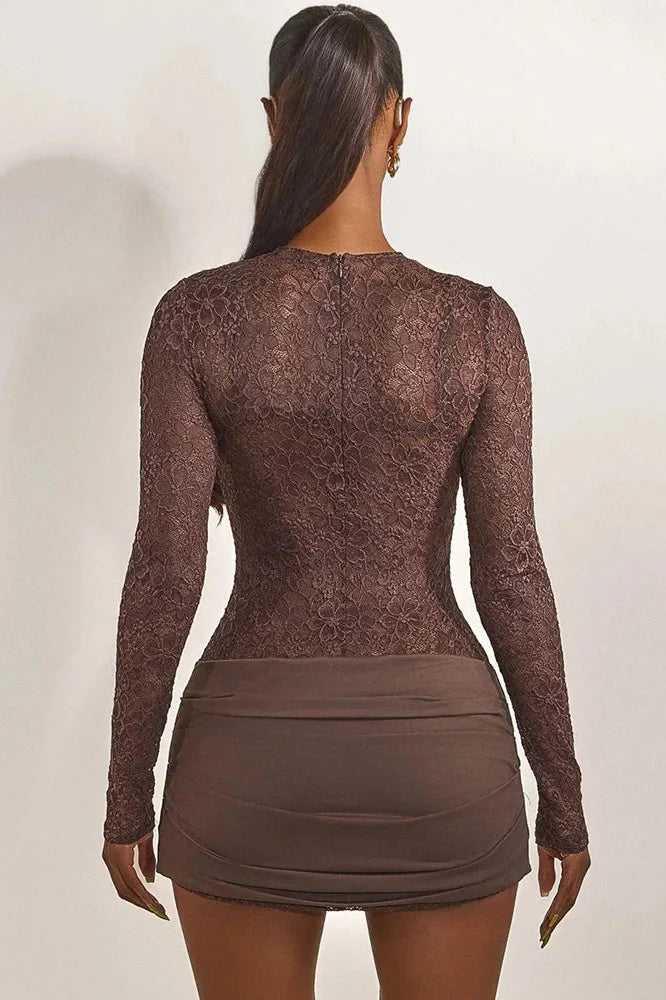 Lace See Through O Neck High Waist Long Sleeve Mini Dress