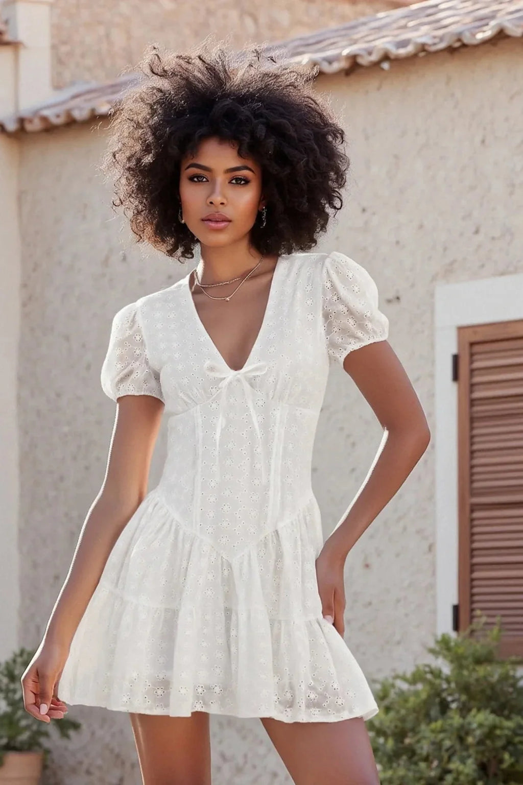 Short Sleeve V Neck A-Line Mini Dress