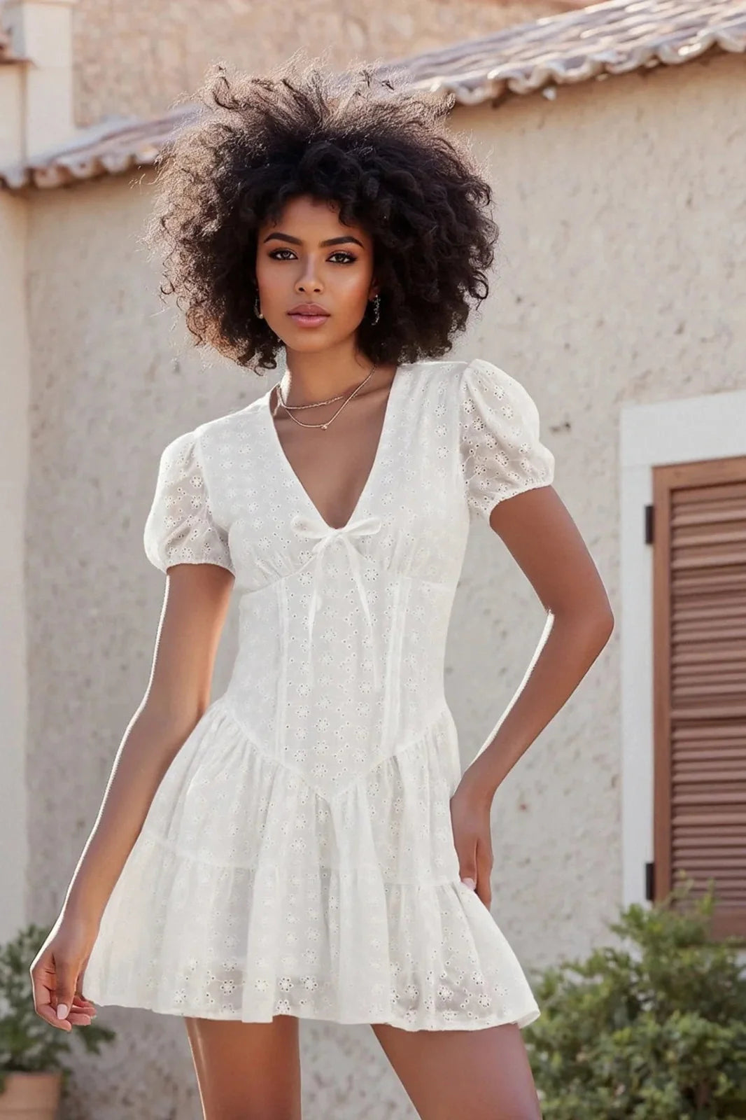 Short Sleeve V Neck A-Line Mini Dress