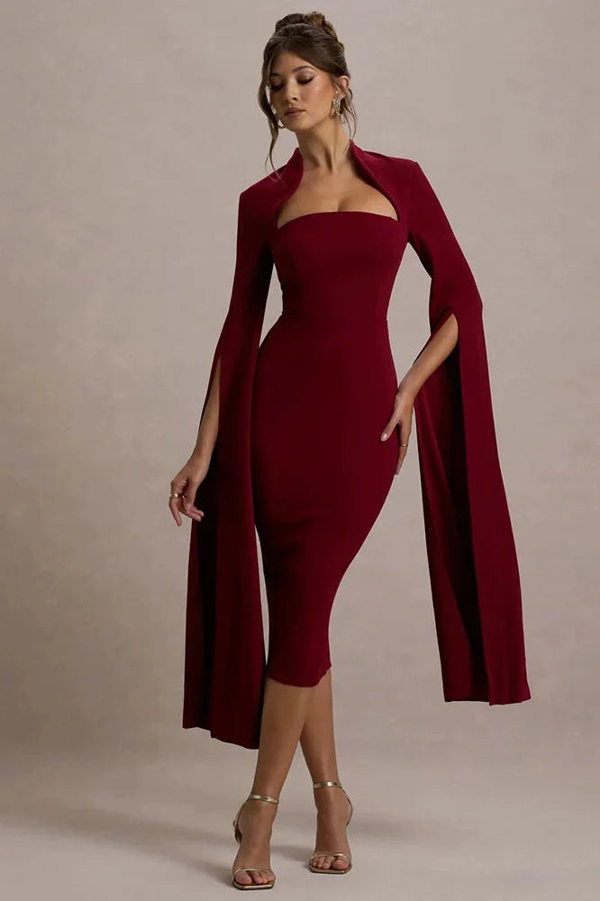 Long Sleeve Square Collar Back Slit Bodycon Midi Dress