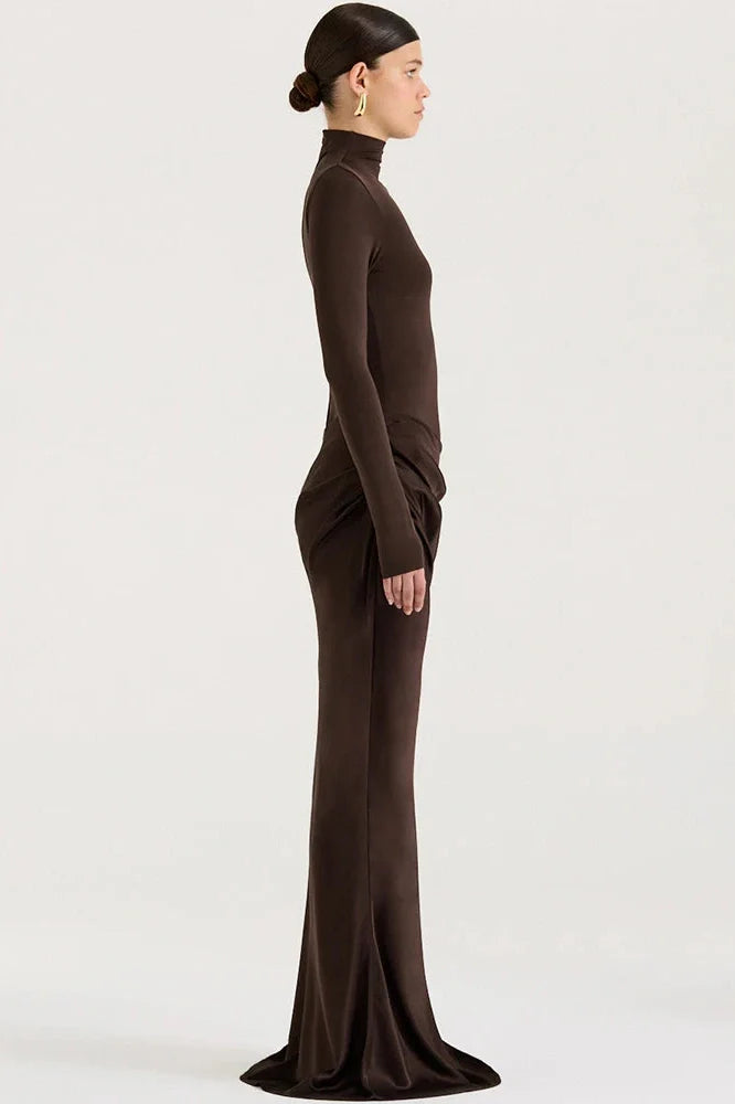 Hollow Out Long Sleeve Turtleneck Bodycon Maxi Dress