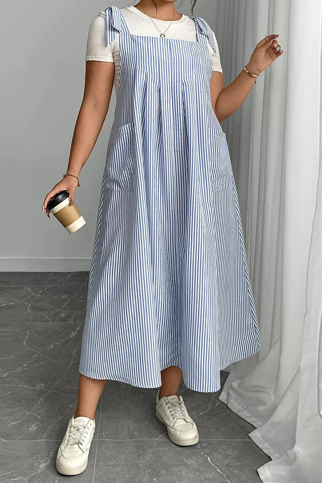 Sleeveless Tie Shoulder Striped Loose Maxi Dress