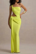 Hollow Out Pleated One-Shoulder Sleeveless Bodycon Maxi Dress