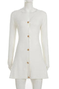 Elegant V-Neck Knitted High Waist Long Sleeve A-Line Mini Dress