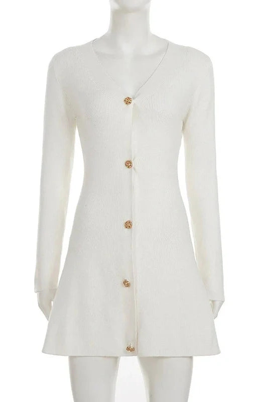 Elegant V-Neck Knitted High Waist Long Sleeve A-Line Mini Dress