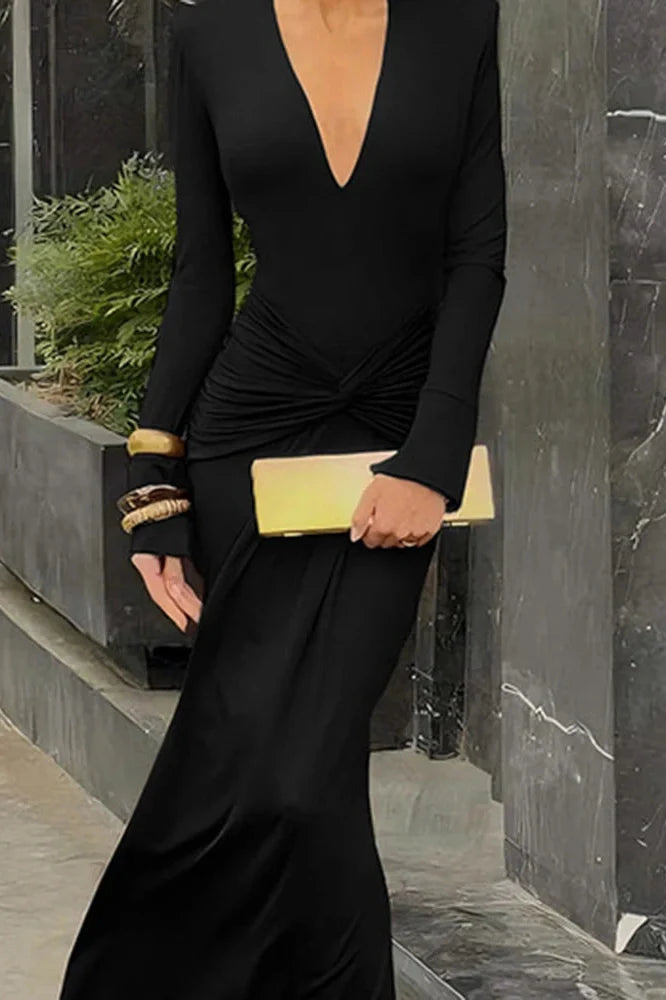 Elegant Deep V-Neck Slim Long Sleeve Pleated Maxi Dress