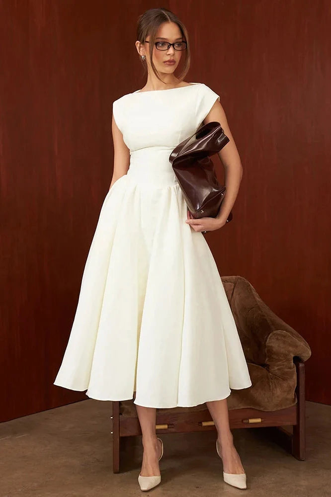 Hollow Out Backless Sleeveless High Waist Pleated A-line Midi Dress