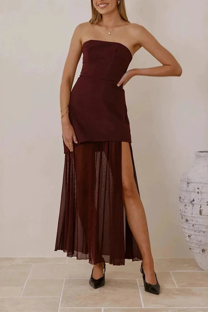 Off Shoulder High Waist Slim Sleeveless Pleated Maxi Dress