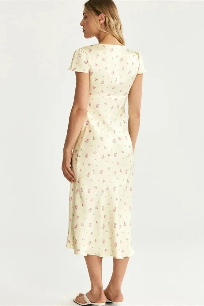 V-Neck Printed High Waist Slim Midi Dress