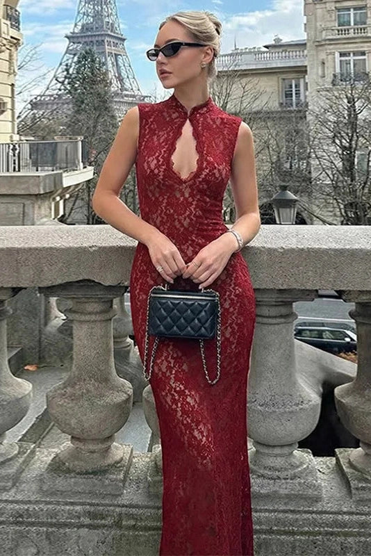 Hollow Out Lace Sleeveless Slim Maxi Dress