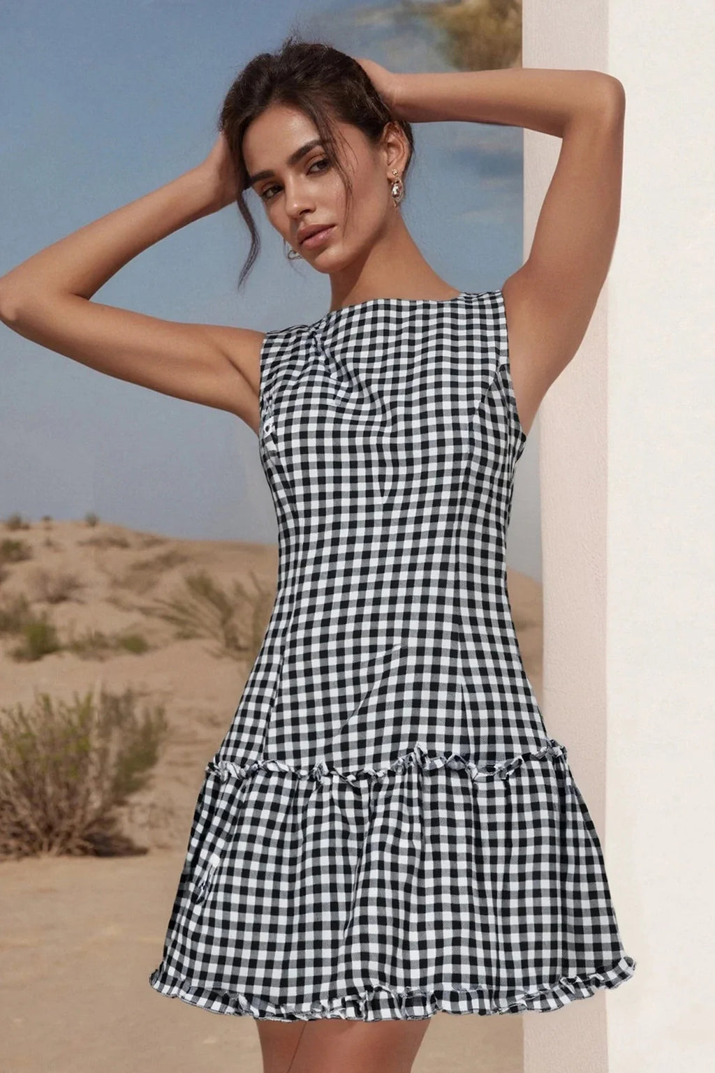 Plaid Printed Round Neck Sleeveless Mini Dress