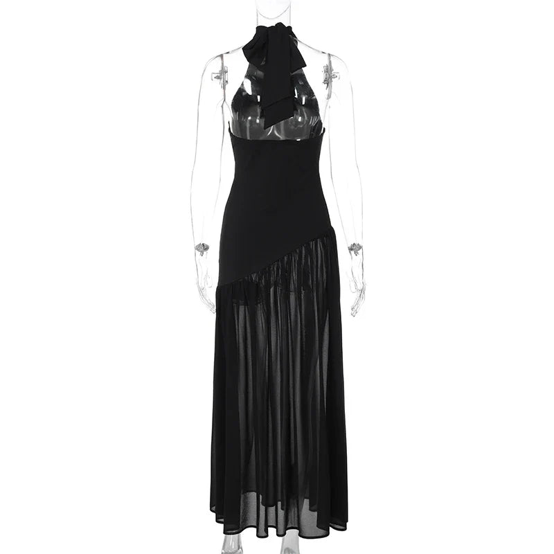 Off Shoulder Patchwork Lace-Up Maxi Dress