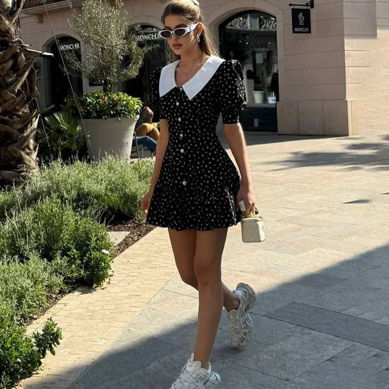 Printed Short Sleeve V Neck High Waist Mini Dress