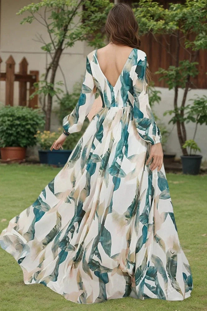 Long Sleeve Printed Pleated V-Neck High Waist Maxi Dress