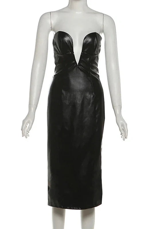 Off Shoulder PU Leather Bodycon A-Line Backless Midi Dress