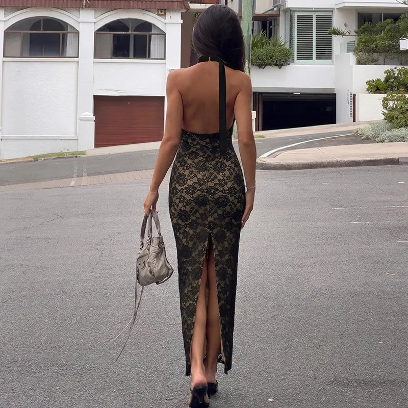 Lace Backless High Waist Slim Maxi Dress