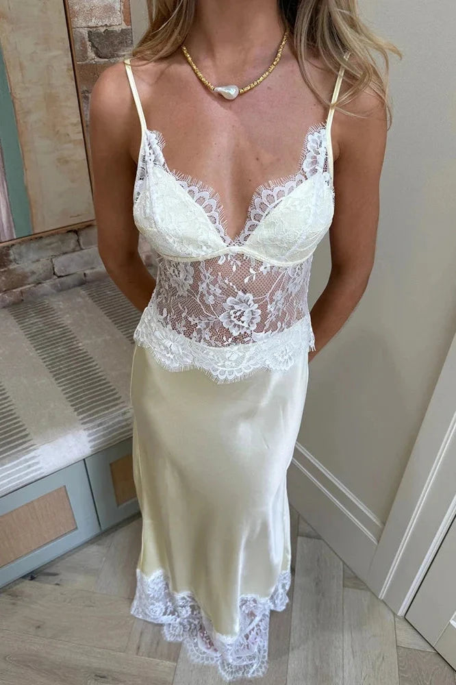 Spaghetti Strap Backless Lace Patchwork V Neck Sleeveless Maxi Dress