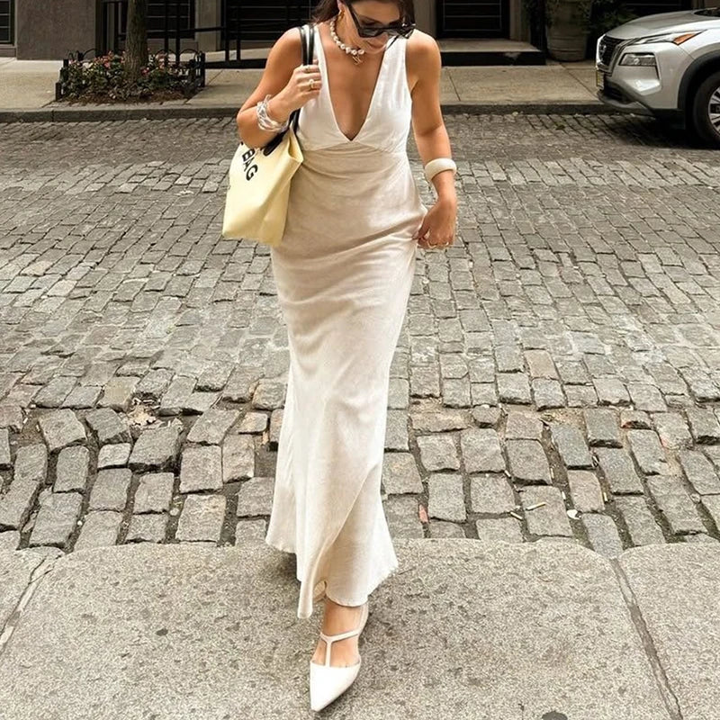 V Neck Sleeveless Lace Up High Waist Maxi Dress