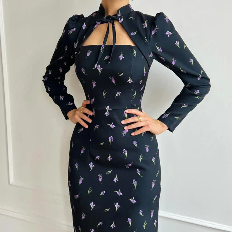 Printed Long Sleeve Lace Up Slit Maxi Dress