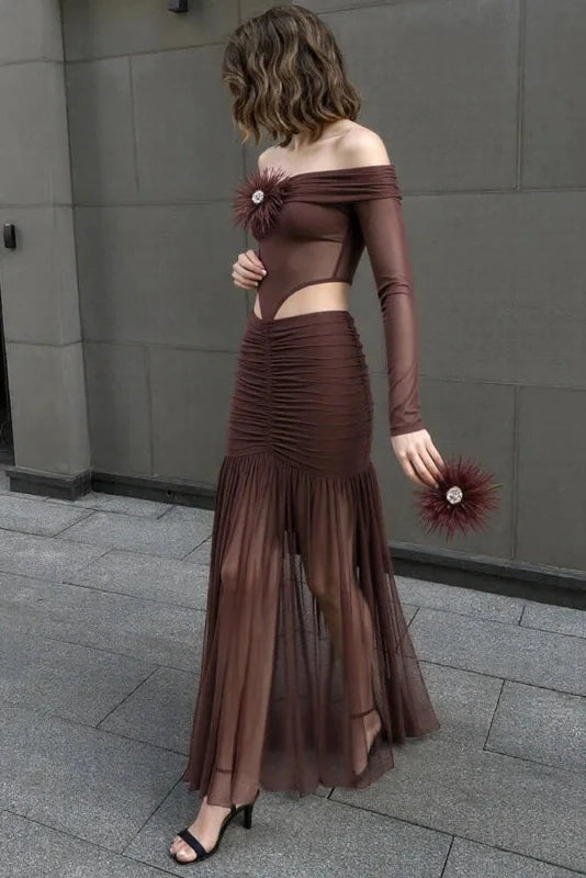 Off Shoulder Long Sleeves Slim High Waist Maxi Dress