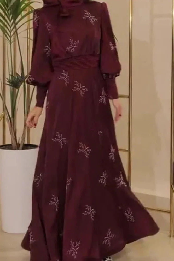 Elegant Printed Pleated High Waist Long Sleeve Slim Maxi Dress