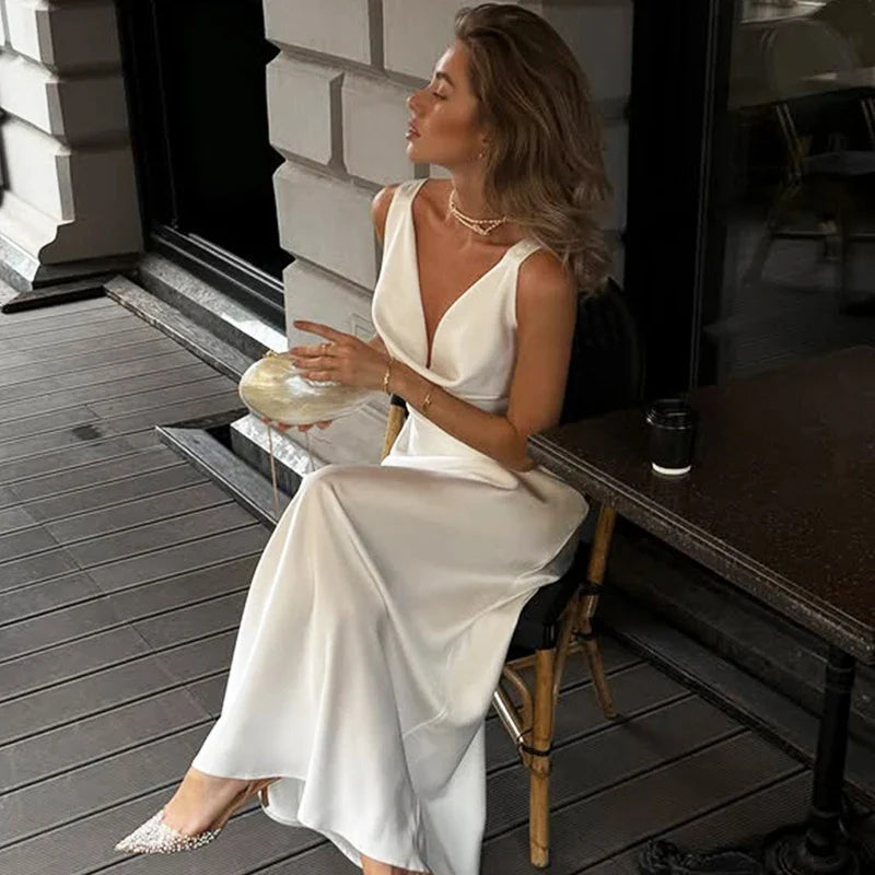 V Neck Backless Sleeveless Straps Maxi Dress