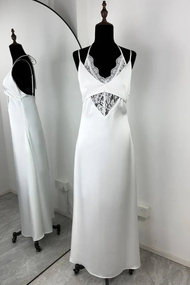 Hollow Out Lace Backless Slim V-Neck Maxi Dress