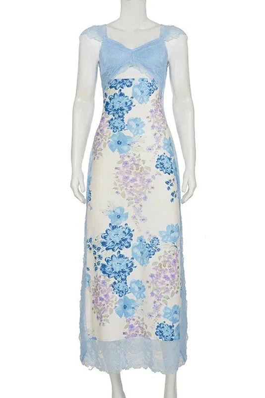 Hollow Out Printed Lace Patchwork Slim Maxi Dress