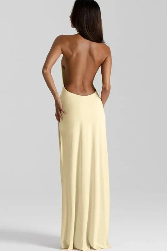 Deep V Neck Backless Sleeveless High Waist Slit Irregular Maxi Dress