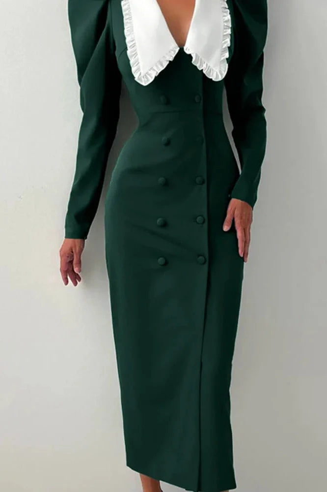 Elegant Long Sleeve Double Breasted Midi Dress
