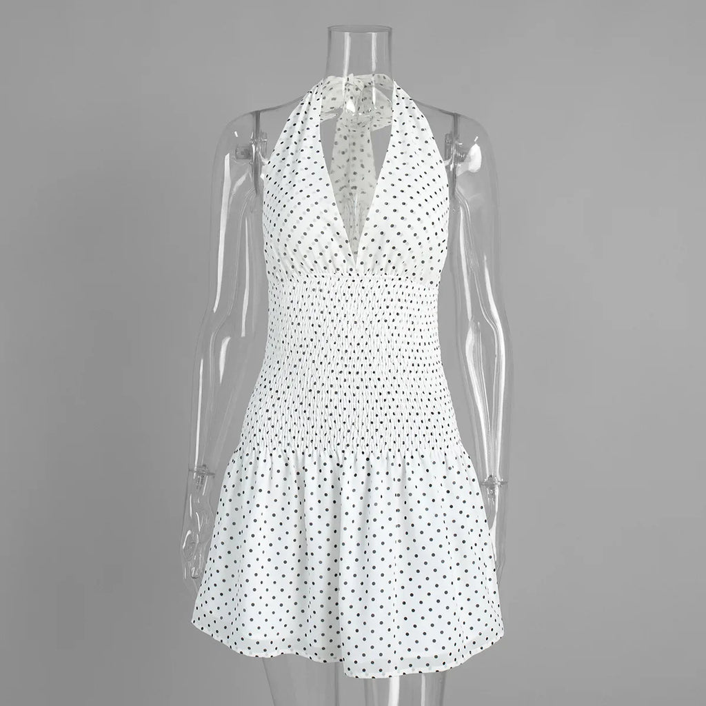 Polka Dot Pleated Lace Sleeveless Mini Dress