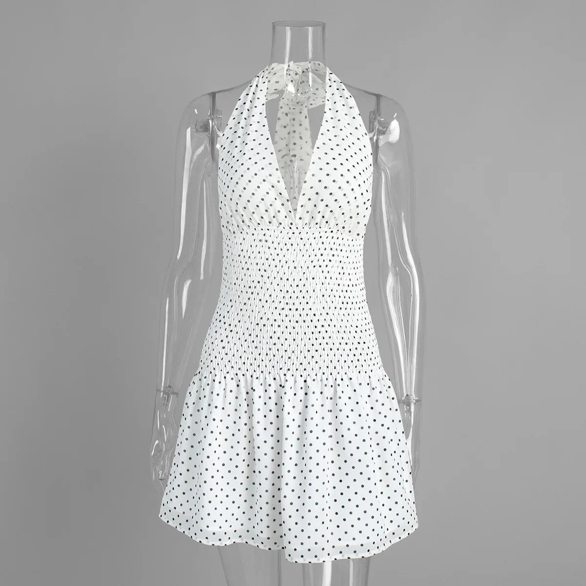 Polka Dot Pleated Lace Sleeveless Mini Dress