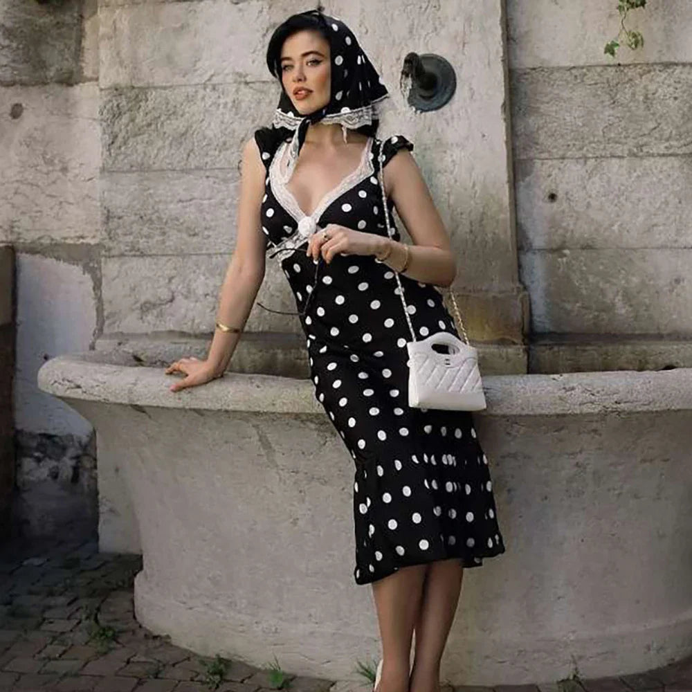 Lace Patchwork Polka Dot V-Neck Backless Midi Dress