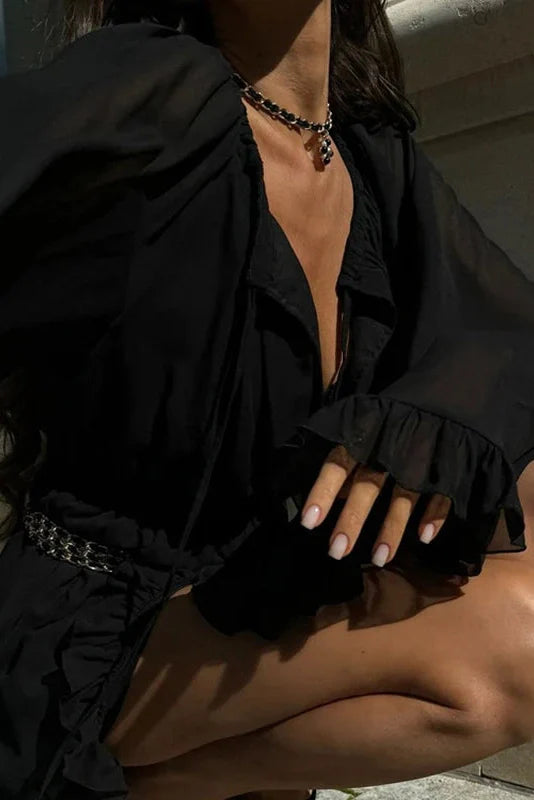 See-Through Long Sleeve Square Collar High Waist Pleated A-Line Mini Dress