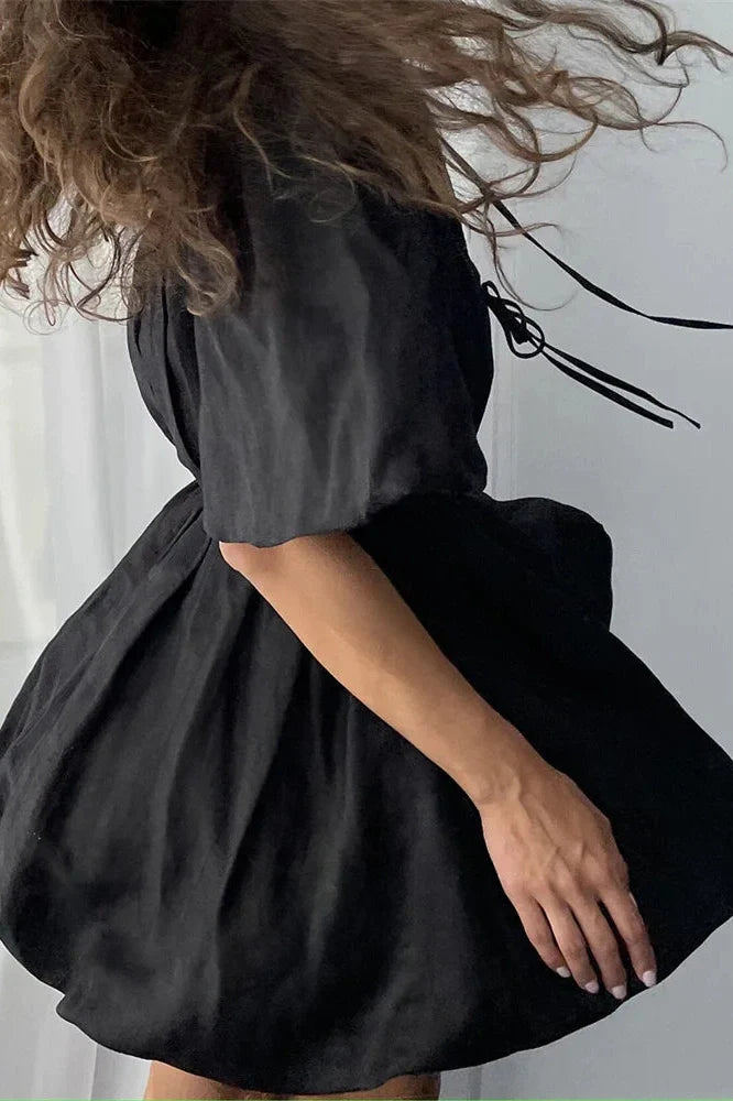 Lace-Up Short Sleeve V-Neck High Waist Mini Dress