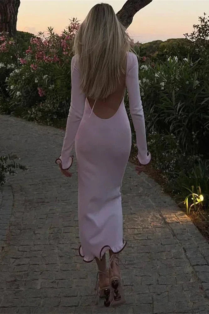 Backless Long Sleeve Midi Dress