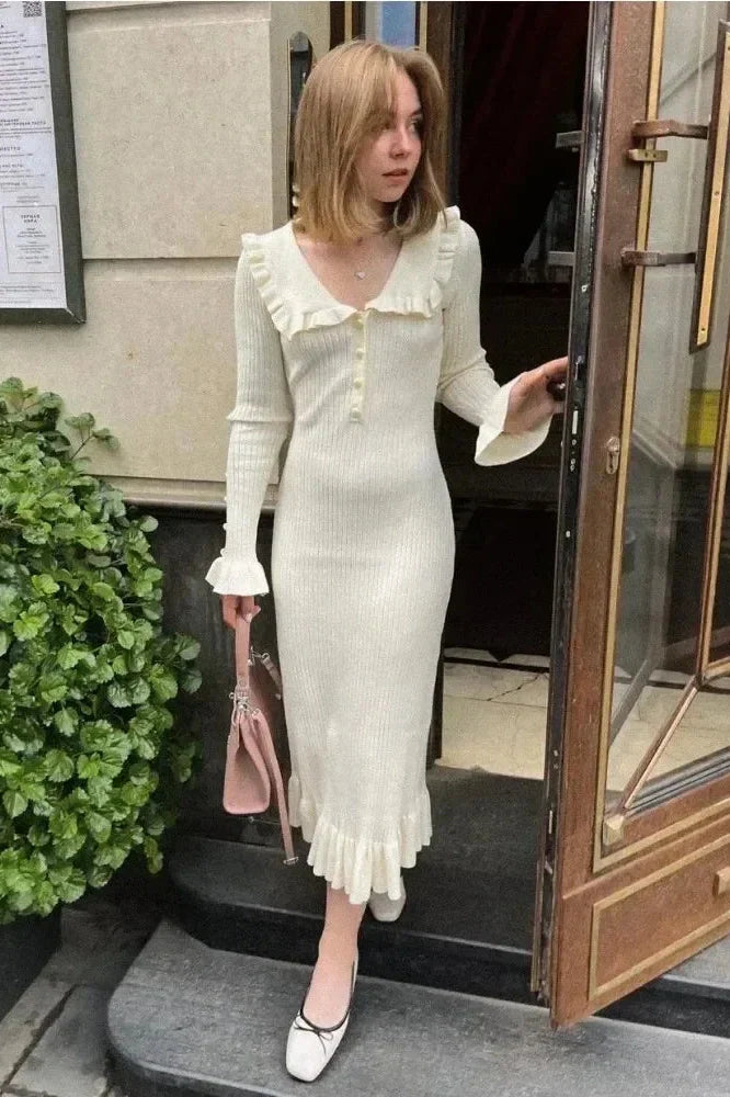 Patchwork Knit Long Sleeve Slim Midi Dress
