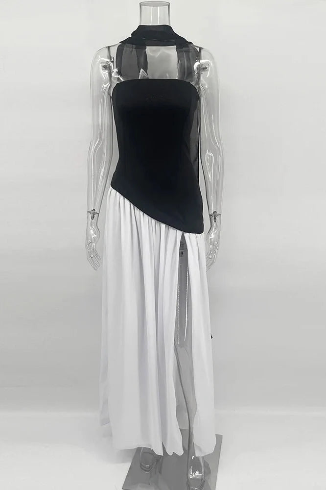 Elegant Slim Lace Up Strapless Irregular Maxi Dress