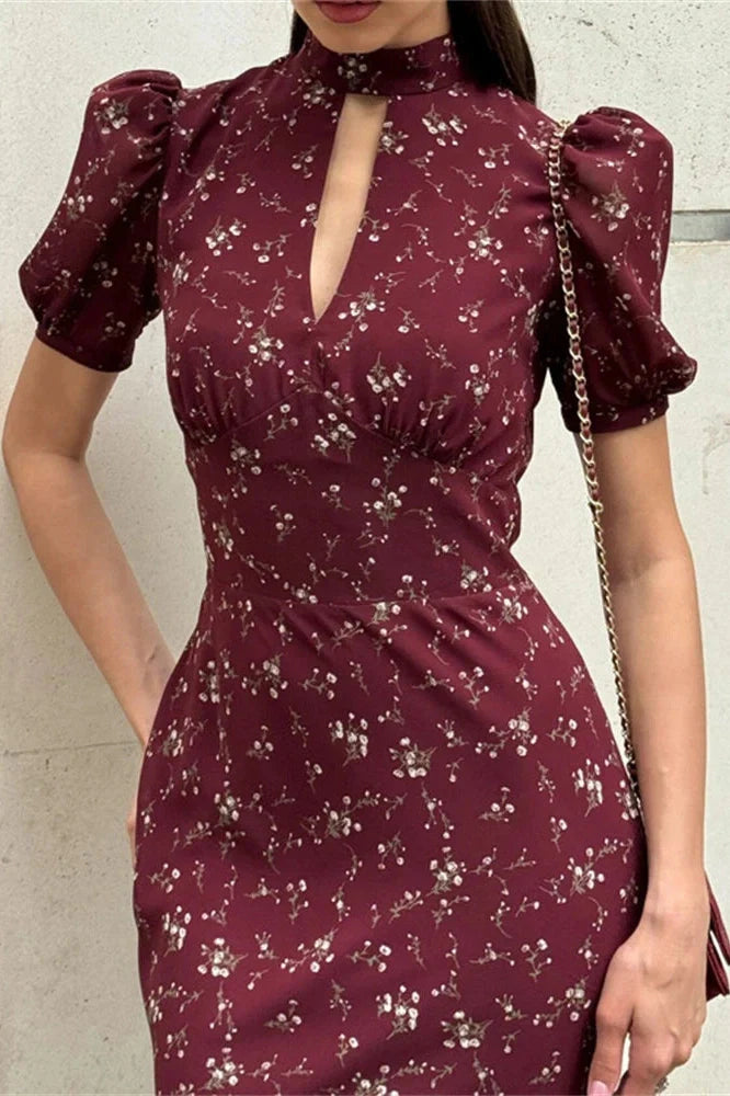 Printed V-Neck Short Sleeve High Waist Maxi Dress