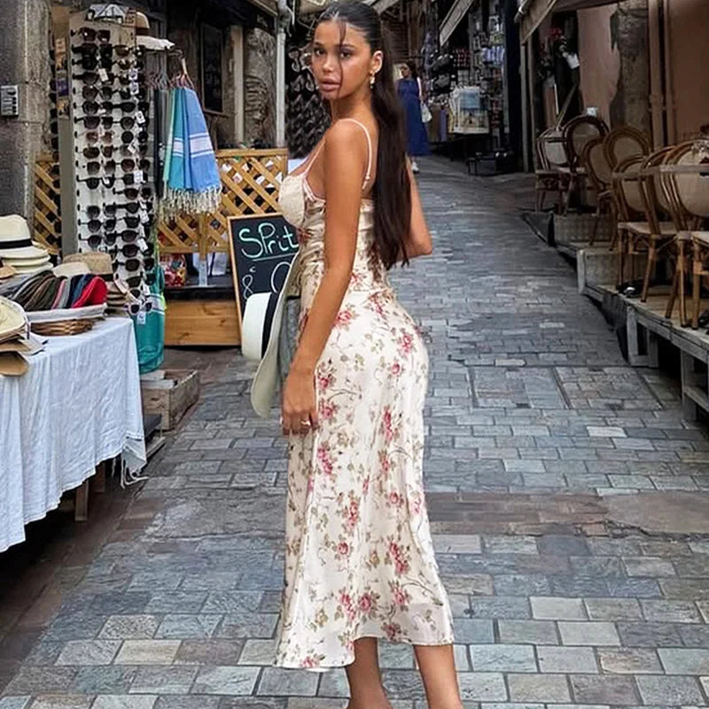 Elegant Print Patchwork Backless Midi Dress