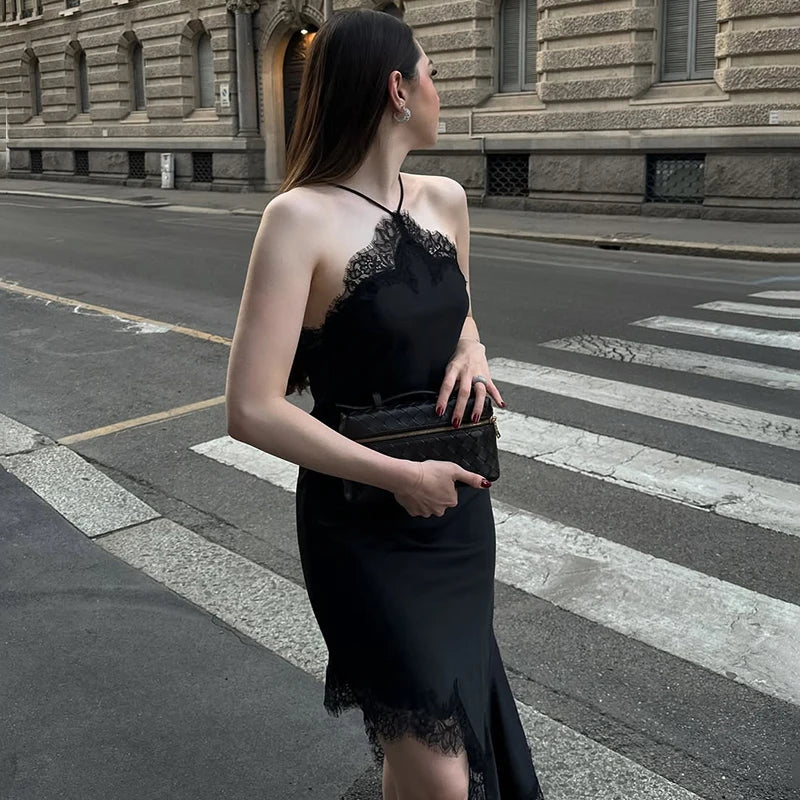 Lace Backless Spaghetti Strap Irregular Midi Dress