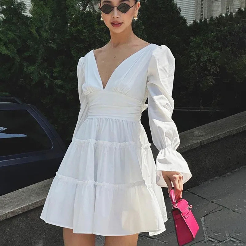 V Neck Lace Up High Waist A-Line Long Sleeve Mini Dress