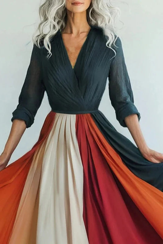 Elegant Pleated V Neck Long Sleeve Printed Maxi Dress