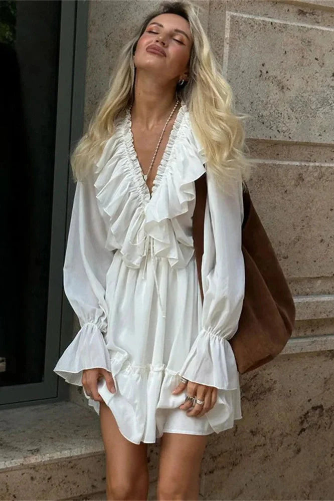 V-Neck Patchwork Long Sleeve High Waist Lace-Up Mini Dress