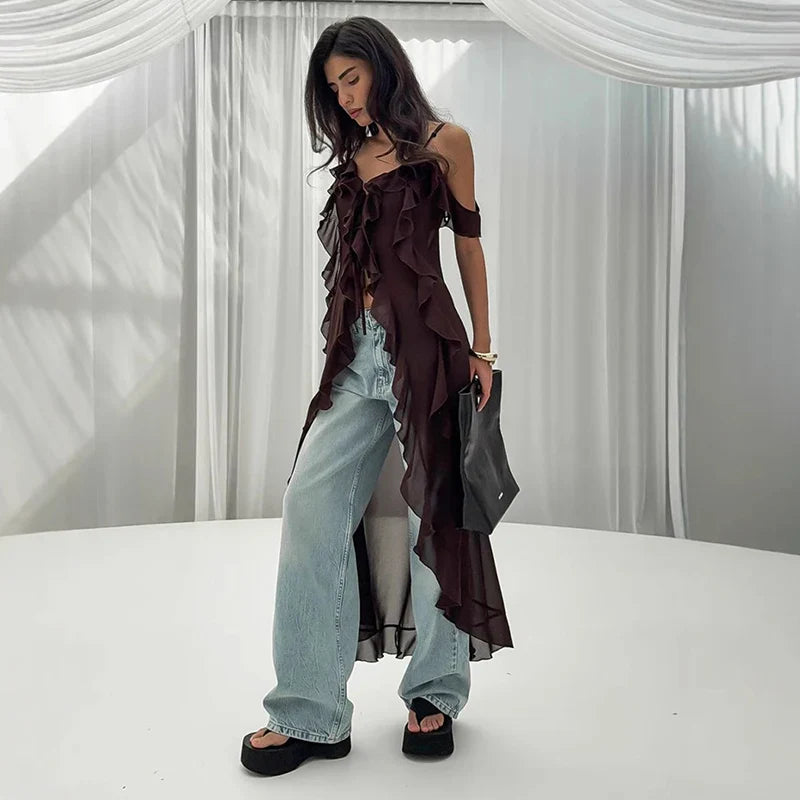 V Neck See-Through Sleeveless Irregular Midi Dress